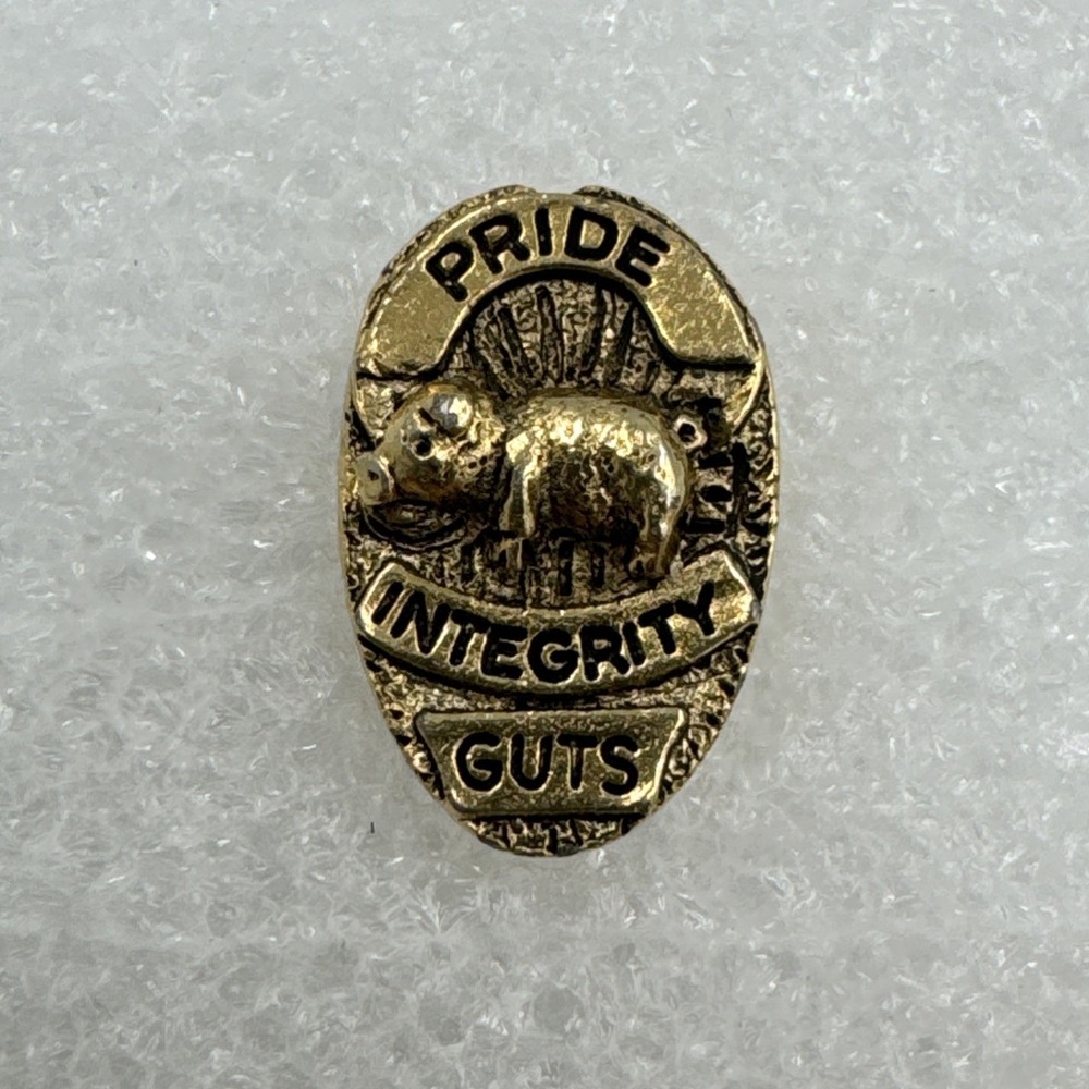 Police Badge Pig‎ P.I.G. Pride Integrity Guts Gold Tone Metal Lapel Pin Pinback